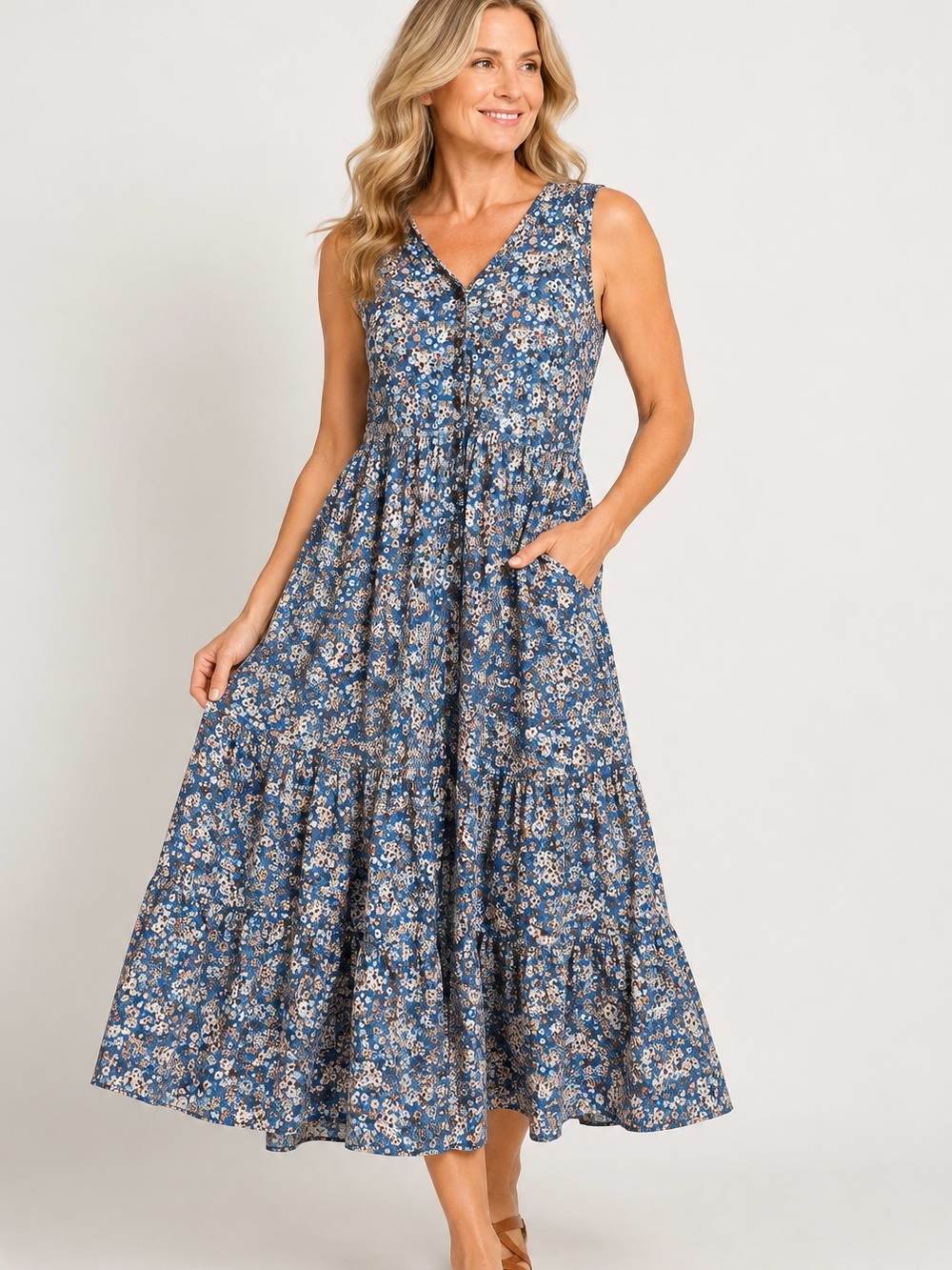 Sonoma Goods for Life Blue Floral Midi Dress Size M Sleeveless Rayon Cottagecore